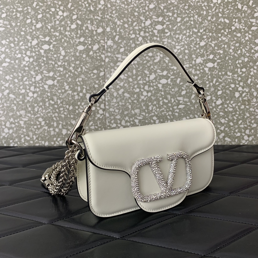 Valentino Garavani Loco Small Shoulder Bag in Ivory Calfskin Leather 